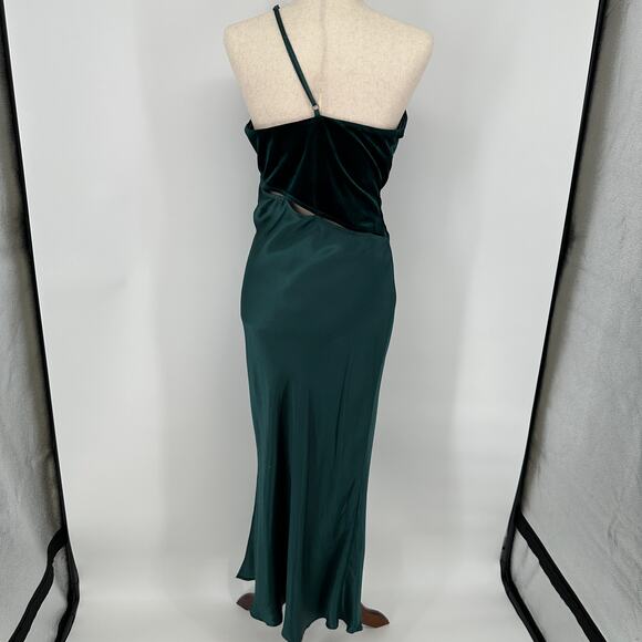 Topshop Petite One Shoulder Green Velvet and Satin Cut Out Midi Dress Womens 8 - Picture 3 of 12